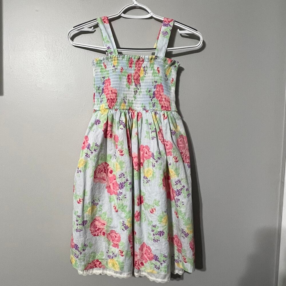 Girls Smoked Dress Size 10 Floral Blue Stripe Cotton Lined George